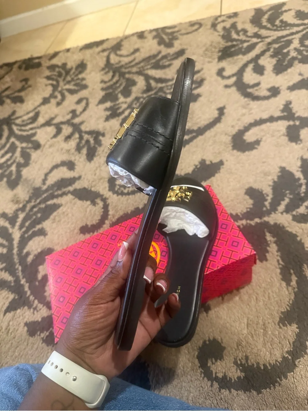 Tory Burch Black Leather Slide Sandals with Gold Logo